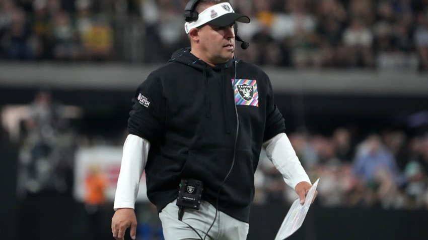 Oct 9, 2023; Paradise, Nevada, USA; Las Vegas Raiders coach Josh McDaniels watches from the sidelines against the Green Bay Packers in the first half at Allegiant Stadium. Mandatory Credit: Kirby Lee-USA TODAY Sports