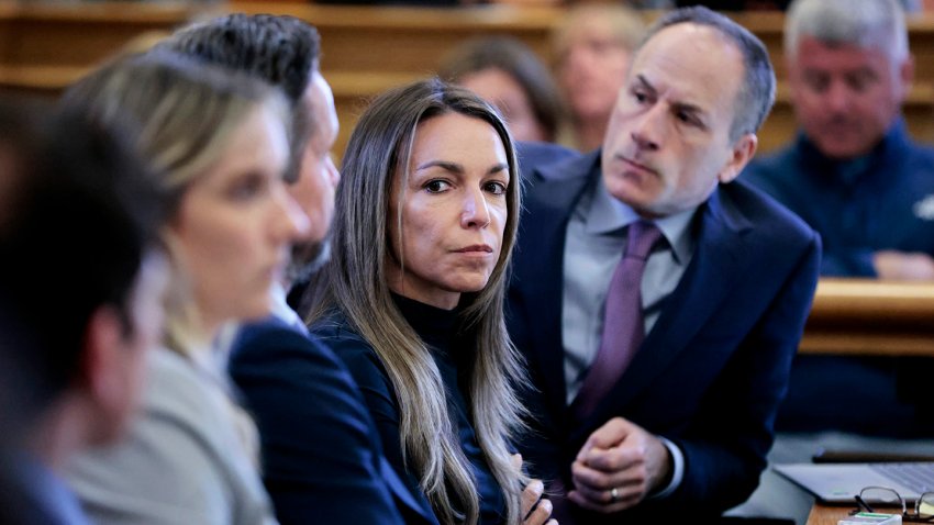Dedham, MA – April 28: Karen Read looks toward her defense attorney Robert Alessi, as special prosecutor Hank Brennan questions Ian Whiffin, a digital intelligence expert with Celebrite, about the data on John O’Keefe’s iPhone. The murder retrial of Karen Read continues in Norfolk Superior Court in front of Judge Beverly J. Cannone on April 28, 2025. (Photo by Pat Greenhouse/The Boston Globe via Getty Images)