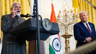 US President Donald Trump and Indian Prime Minister Narendra Modi hold a joint press conference in the East Room of the White House in Washington, DC, on February 13, 2025.